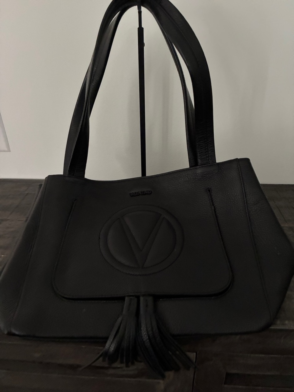 Valentino Black Leather Shoulder Tote with Embossed V and Tassel